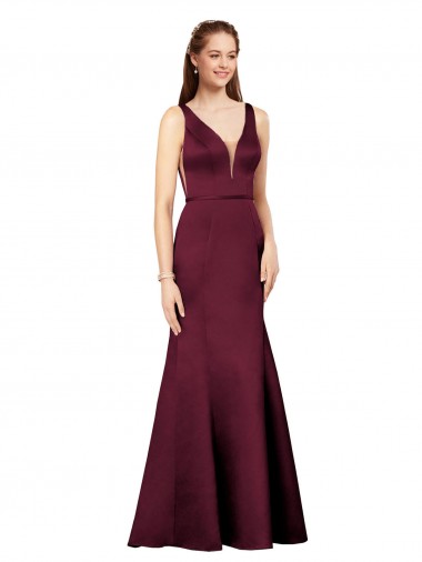 Sleeveless V-Neck Satin Burgundy Long Formal Evening Gown Canada for Sale