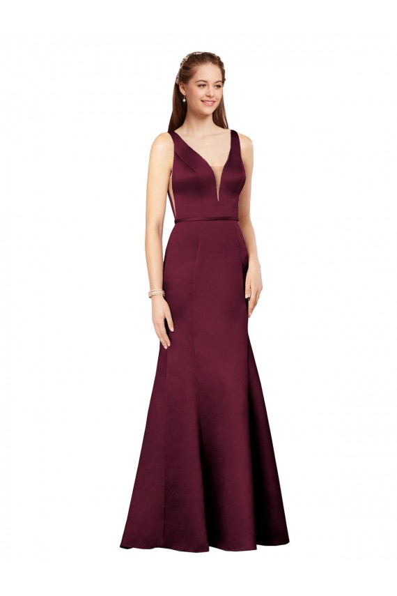 Sleeveless V-Neck Satin Burgundy Long Formal Evening Gown Canada for Sale