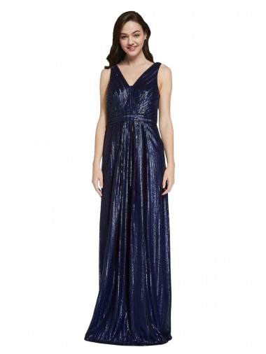 Sleeveless V-Neck Sequin Dark Navy Sheath Long Formal Evening Dress Canada for Sale