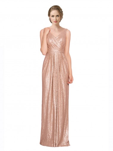Sleeveless V-Neck Sequin Rose Gold Long Evening Dress Canada for Sale