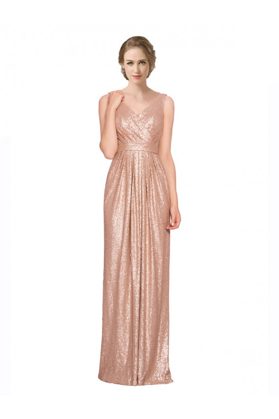 Sleeveless V-Neck Sequin Rose Gold Long Evening Dress Canada for Sale