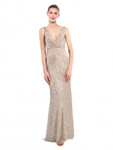 Sleeveless V-Neck Sequin & Sparkling Sequin Silver Long Formal Evening Dress Canada for Sale