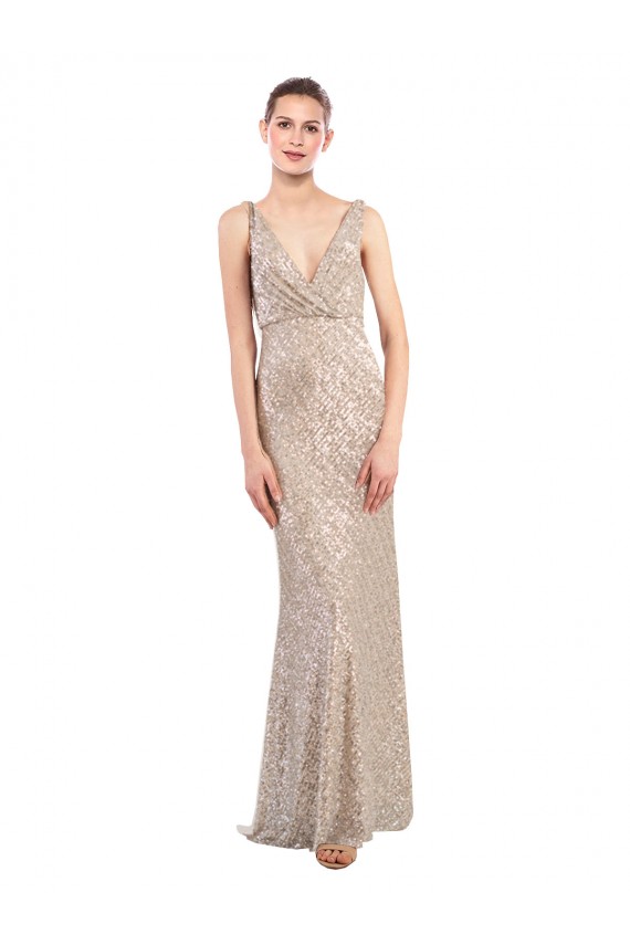 Sleeveless V-Neck Sequin & Sparkling Sequin Silver Long Formal Evening Dress Canada for Sale