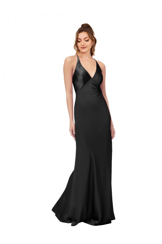 Sleeveless V-Neck Silky Satin Black Long Black Tie Evening Dress Canada for Sale