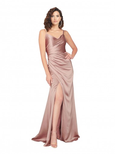 Sleeveless V-Neck Silky Satin Dusty Pink Long Black Tie Evening Dress Canada for Sale