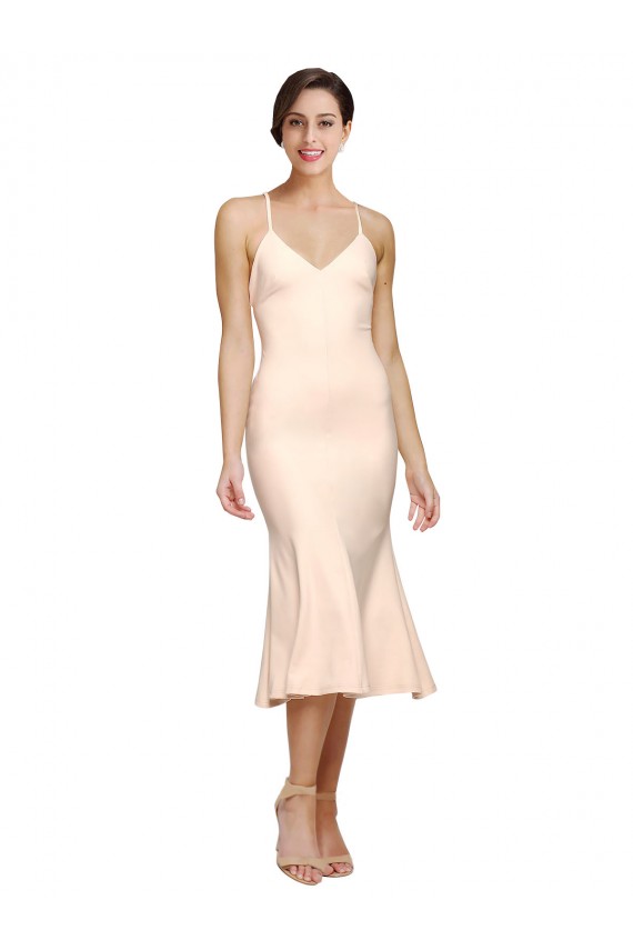Sleeveless V-Neck Stretch Crepe Nude Midi Length Evening Dress Canada for Sale
