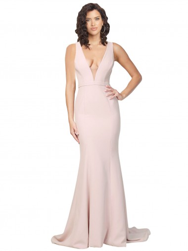 Sleeveless V-Neck Stretch Crepe Pink Sweep Train Black Tie Evening Dress Canada for Sale
