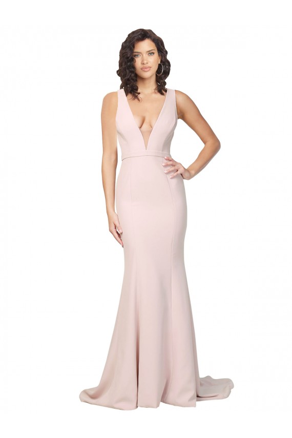 Sleeveless V-Neck Stretch Crepe Pink Sweep Train Black Tie Evening Dress Canada for Sale