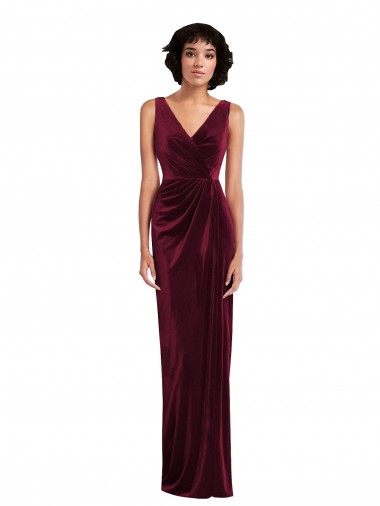 Sleeveless V-Neck Stretch Velvet Burgundy Long Semi Formal Evening Dress Canada for Sale