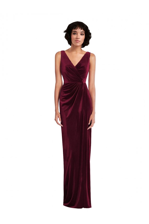 Sleeveless V-Neck Stretch Velvet Burgundy Long Semi Formal Evening Dress Canada for Sale