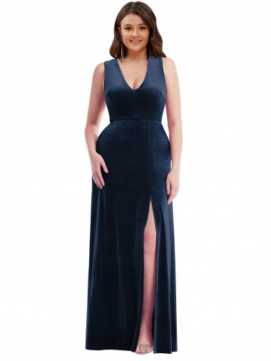 Sleeveless V-Neck Stretch Velvet Dark Navy Long Formal Plus Size Evening Dress Canada for Sale