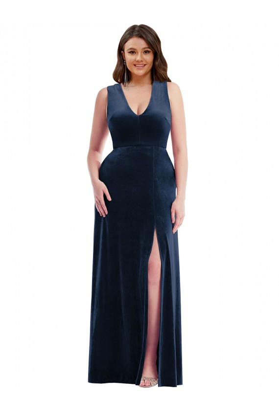 Sleeveless V-Neck Stretch Velvet Dark Navy Long Formal Plus Size Evening Dress Canada for Sale