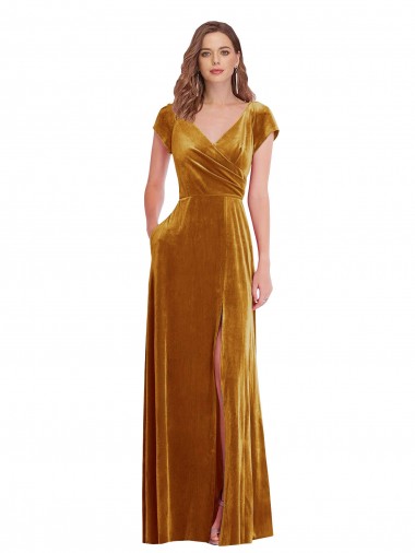 Cap Sleeves V-Neck Stretch Velvet Gold Long Formal Evening Dress Canada for Sale