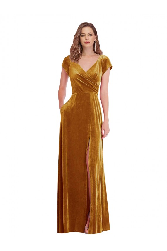 Cap Sleeves V-Neck Stretch Velvet Gold Long Formal Evening Dress Canada for Sale