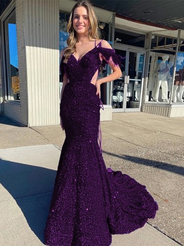 Sleeveless V-Neck Velvet Sequin Plum Purple Court Train Evening Dress Canada for Sale