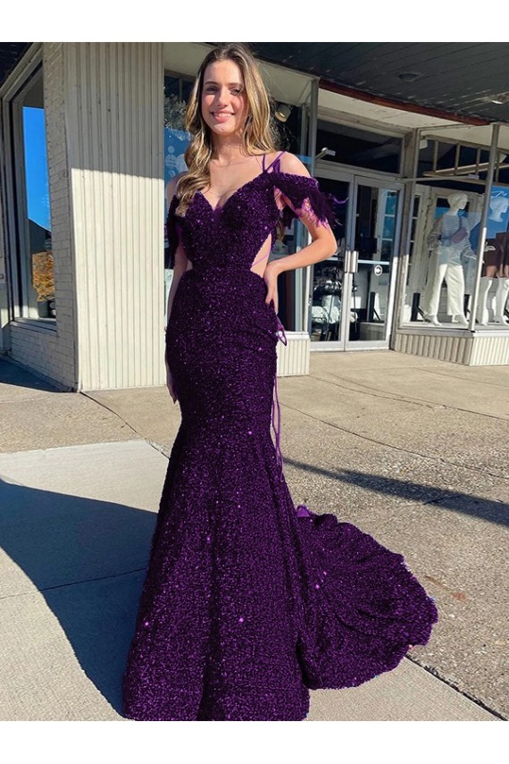 Sleeveless V-Neck Velvet Sequin Plum Purple Court Train Evening Dress Canada for Sale