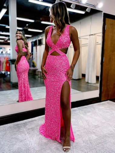 Sleeveless V-Neck Velvet Sequin Long Sweep Train Evening Dress Canada for Sale