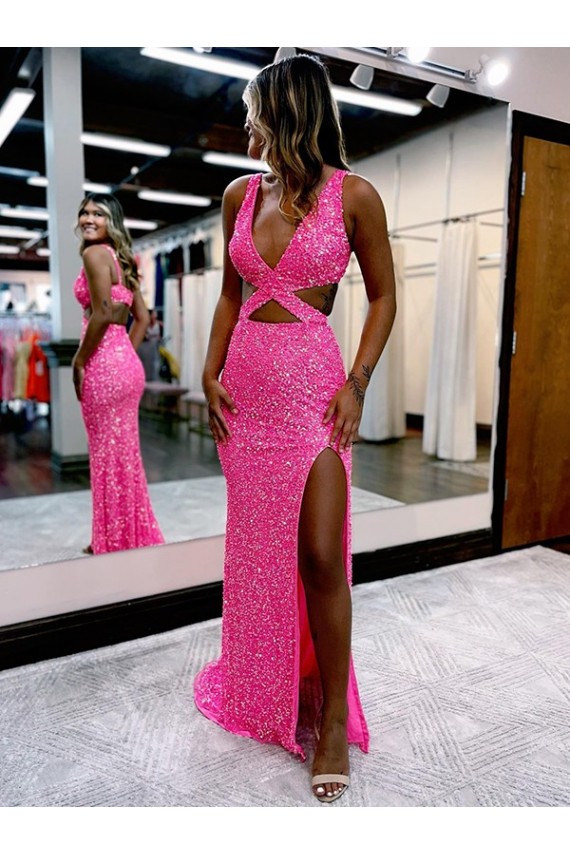 Sleeveless V-Neck Velvet Sequin Long Sweep Train Evening Dress Canada for Sale