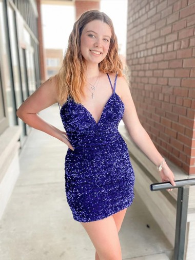 Sleeveless V-Neck Velvet Sequin Short Cocktail Evening Gown Canada for Sale