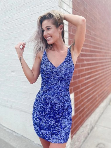Sleeveless V-Neck Velvet Sequin Short Evening Gown Canada for Sale