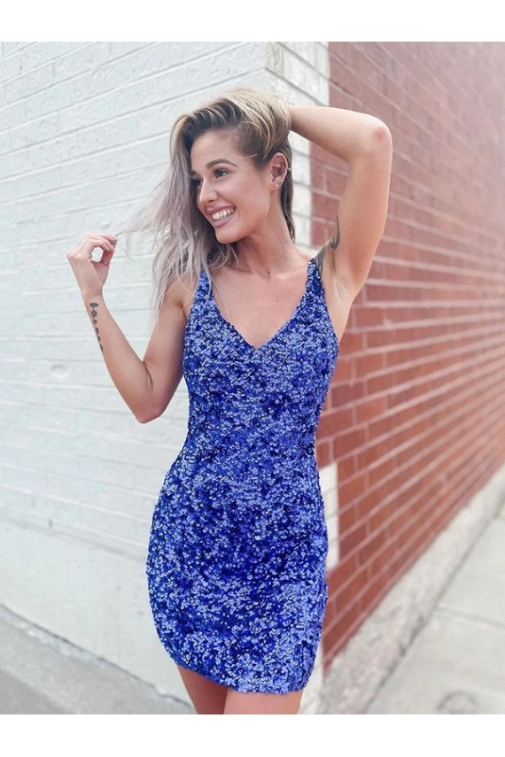 Sleeveless V-Neck Velvet Sequin Short Evening Gown Canada for Sale