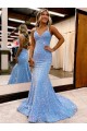 Sleeveless V-Neck Velvet Sequin Periwinkle Sweep Train Evening Dress Canada for Sale