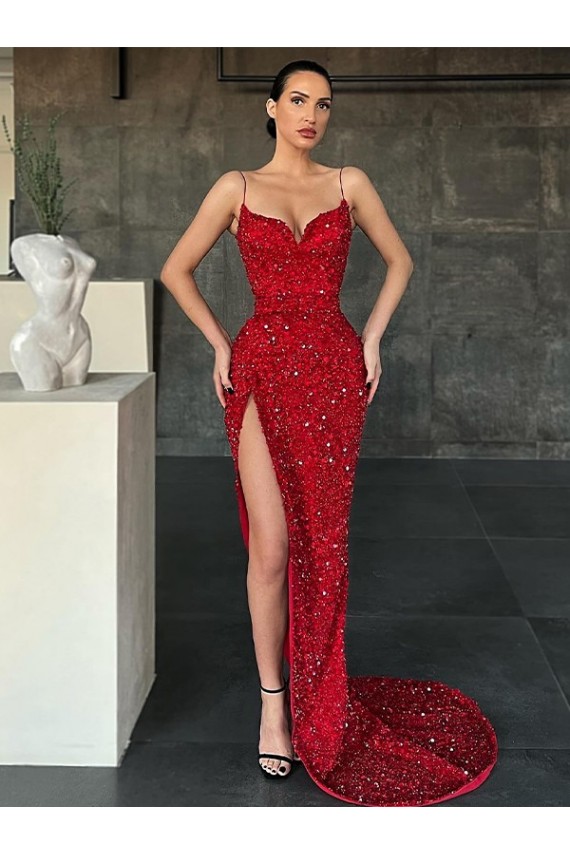 Sleeveless V-Neck Velvet Sequin Red Sweep Train Evening Dress Canada for Sale