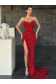 Sleeveless V-Neck Velvet Sequin Red Sweep Train Evening Dress Canada for Sale