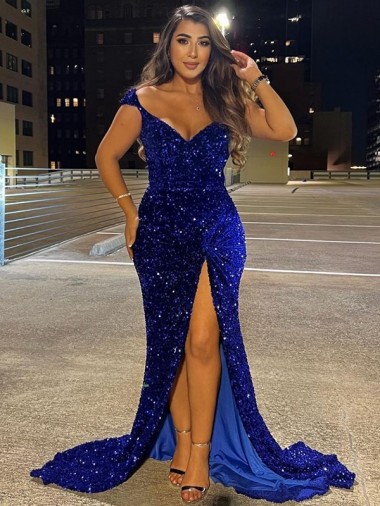 Sleeveless V-Neck Velvet Sequin Royal Blue Sweep Train Dress Canada for Sale