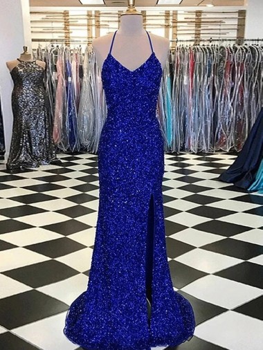 Sleeveless V-Neck Velvet Sequin Royal Blue Sweep Train Evening Gown Canada for Sale