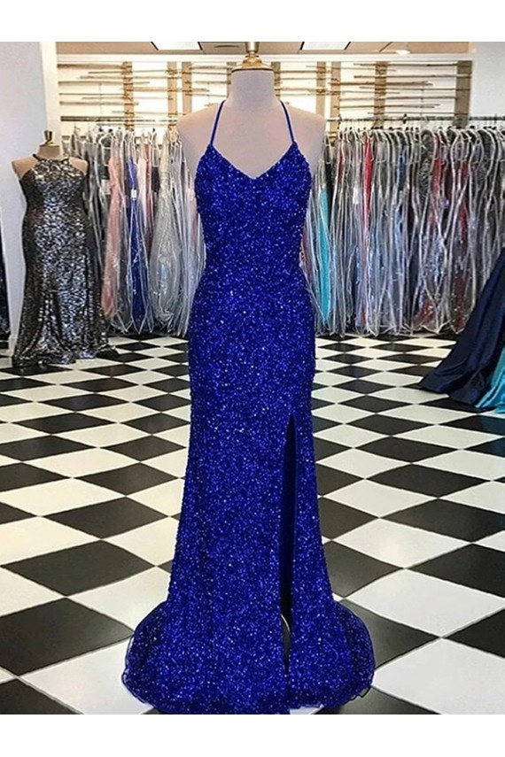 Sleeveless V-Neck Velvet Sequin Royal Blue Sweep Train Evening Gown Canada for Sale