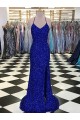 Sleeveless V-Neck Velvet Sequin Royal Blue Sweep Train Evening Gown Canada for Sale