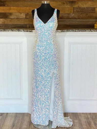 Sleeveless V-Neck Velvet Sequin Sweep Train Evening Gown Canada for Sale