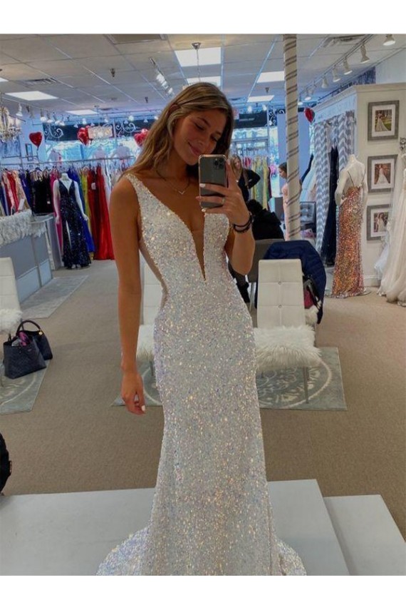 Sleeveless V-Neck Velvet Sequin Sweep Train Evening Dresses Canada for Sale
