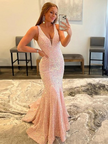 Sleeveless V-Neck Velvet Sequin Sweep Train Evening Dress Canada for Sale