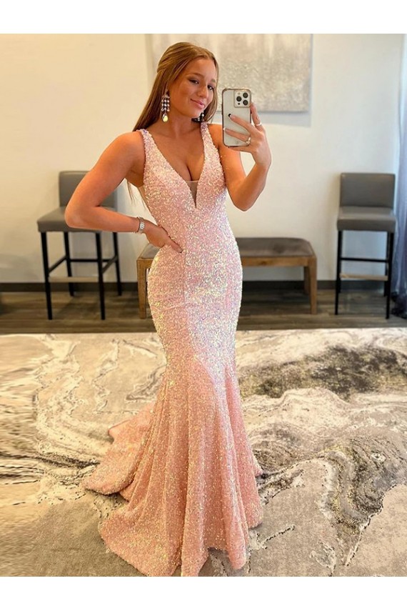 Sleeveless V-Neck Velvet Sequin Sweep Train Evening Dress Canada for Sale