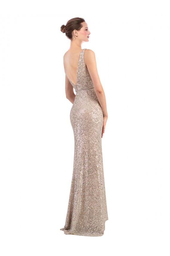 Sleeveless V-Neck Sequin & Sparkling Sequin Silver Long Formal Evening Dress Canada for Sale