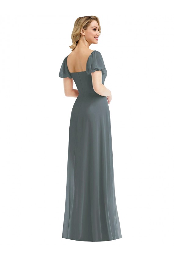 Puff Sleeves Square Neck Soft Chiffon Slate Grey Long Semi Formal Evening Dress Canada for Sale