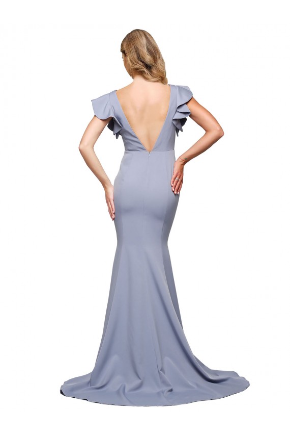 Sleeveless Round Neck Stretch Crepe Smoke Blue Sweep Train Formal Evening Dress Canada for Sale