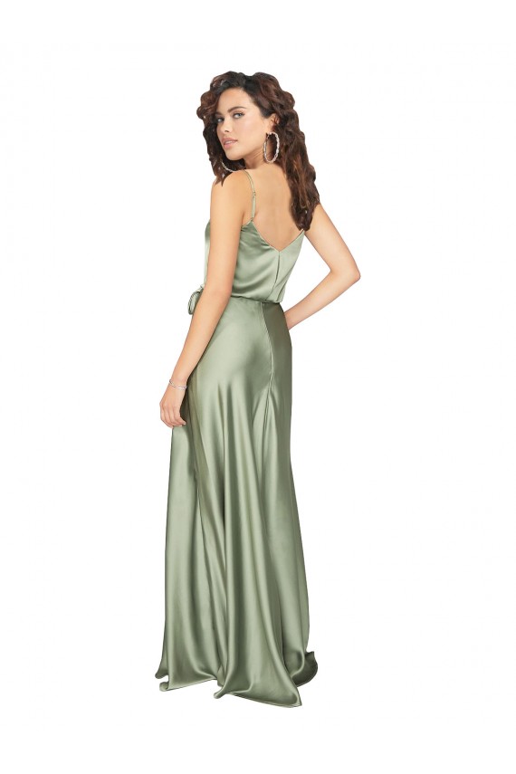 Sleeveless V-Neck Silky Satin Smoke Green Long Formal Evening Dress Canada for Sale