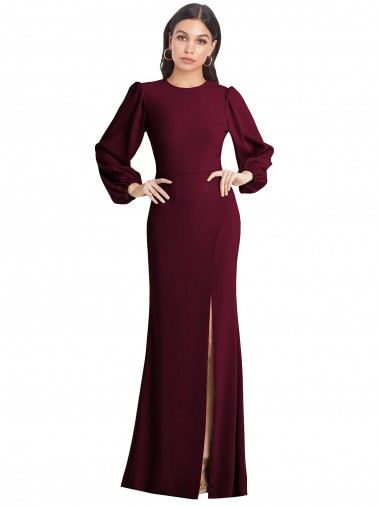 Puff Sleeves Bateau Neck Stretch Crepe Burgundy Gold Long Formal Dress Canada for Sale
