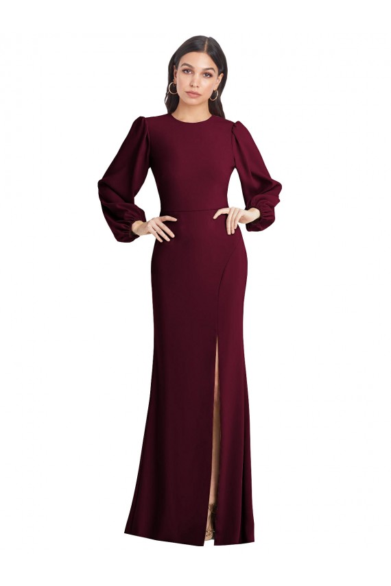 Puff Sleeves Bateau Neck Stretch Crepe Burgundy Gold Long Formal Dress Canada for Sale