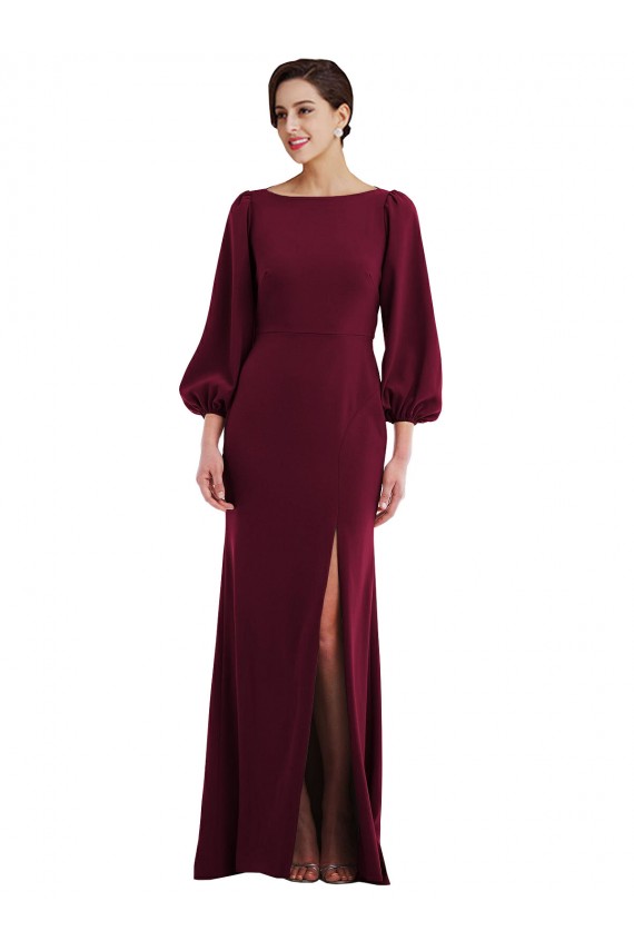 Long Sleeves Bateau Neck Stretch Crepe Burgundy Gold Long Formal Evening Dress Canada for Sale