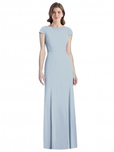 Cap Sleeves Bateau Neck Stretch Crepe Light Sky Blue Long Formal Dress Canada for Sale