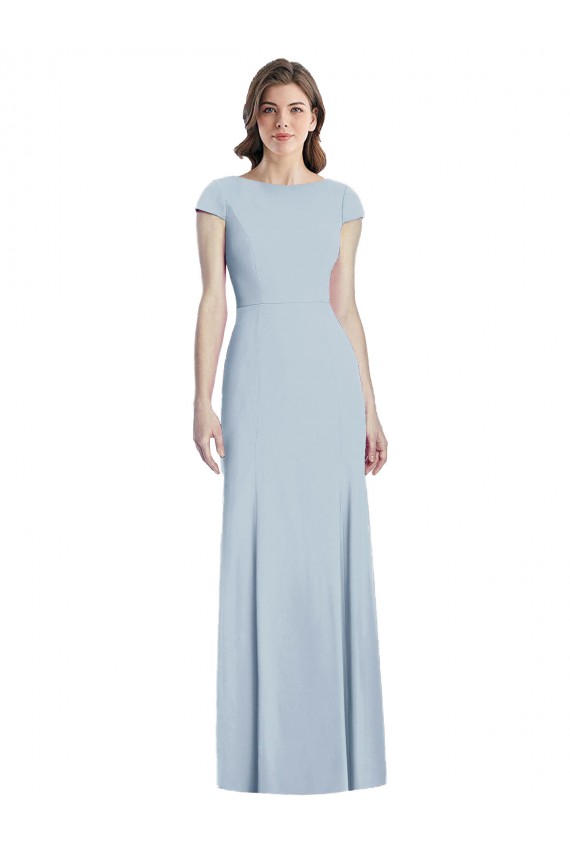 Cap Sleeves Bateau Neck Stretch Crepe Light Sky Blue Long Formal Dress Canada for Sale