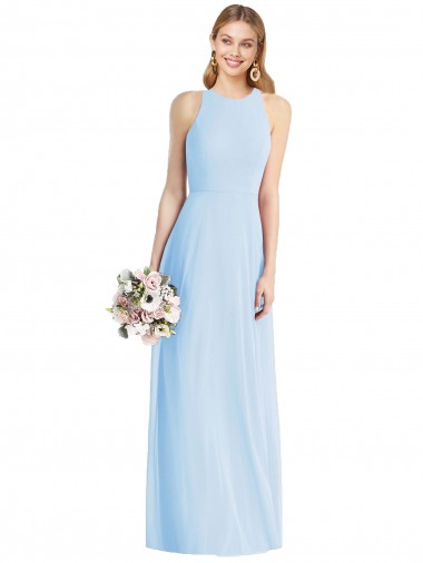 Sleeveless Halter Neck Soft Chiffon Light Sky Blue Long Semi Formal Evening Dress Canada for Sale