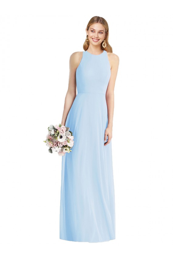 Sleeveless Halter Neck Soft Chiffon Light Sky Blue Long Semi Formal Evening Dress Canada for Sale