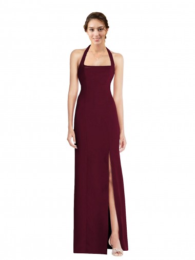Sleeveless Halter Neck Stretch Crepe Burgundy Gold Long Semi Formal Evening Dress Canada for Sale