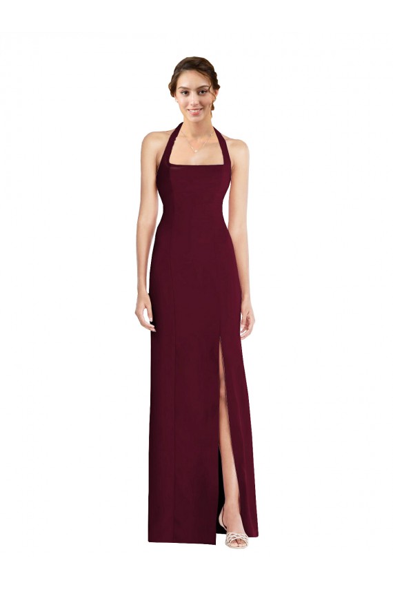 Sleeveless Halter Neck Stretch Crepe Burgundy Gold Long Semi Formal Evening Dress Canada for Sale