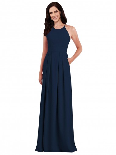 Sleeveless Halter Neck Stretch Crepe Dark Navy Long Semi Formal Evening Dress Canada for Sale